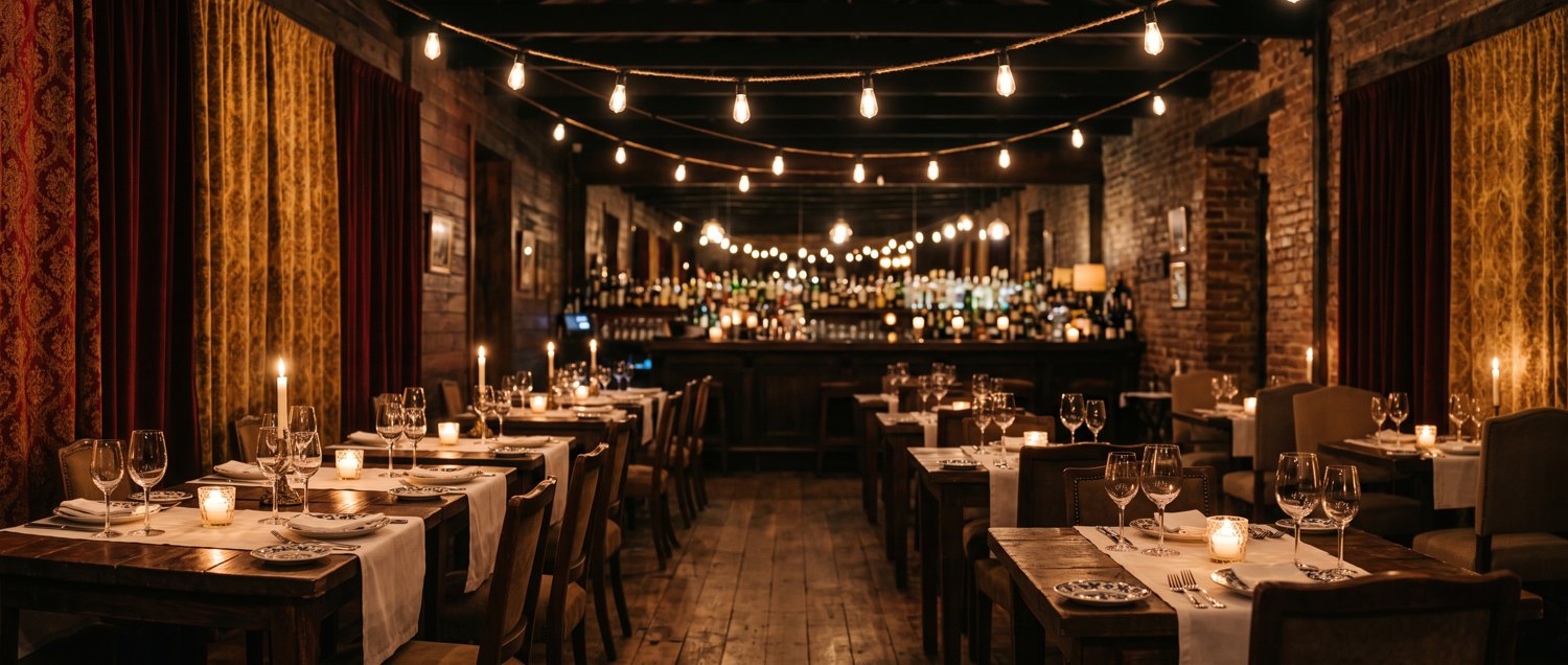 Salón del restaurante de noche: mesas puestas con velas y copas